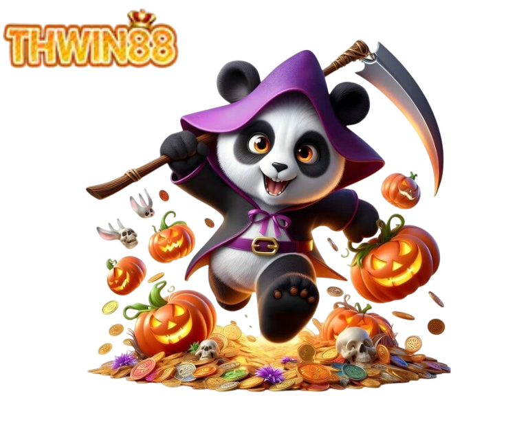การ์ตูนแพนด้าใส่หมวกแม่มด ถือไม้กวาด ล้อมด้วยฟักทอง เหรียญทอง และสัญลักษณ์ฮาโลวีน